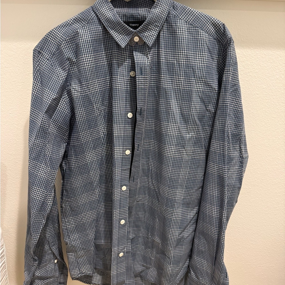 Theory Men's Navy Checkered Button Down Shirt